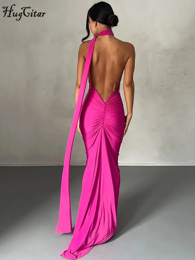 One Shoulder Backless Adjustable Scarf Loop Ruched Maxi Dress