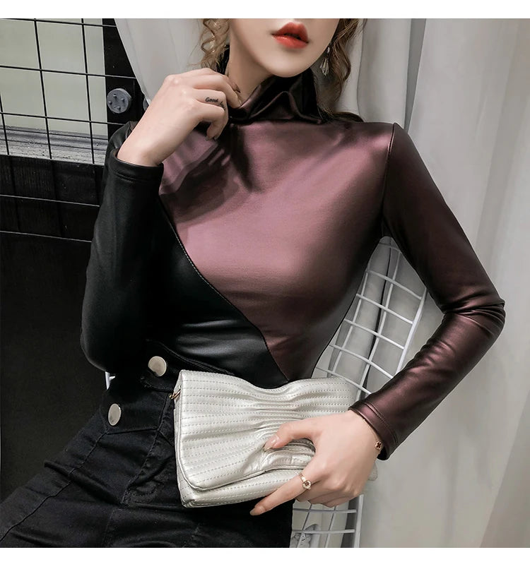 PU Leather Turtleneck Long Sleeve Blouse