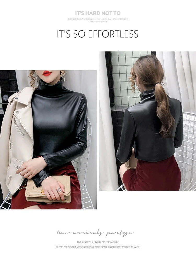 PU Leather Turtleneck Long Sleeve Blouse