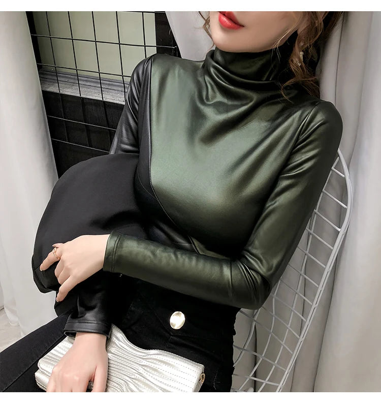 PU Leather Turtleneck Long Sleeve Blouse