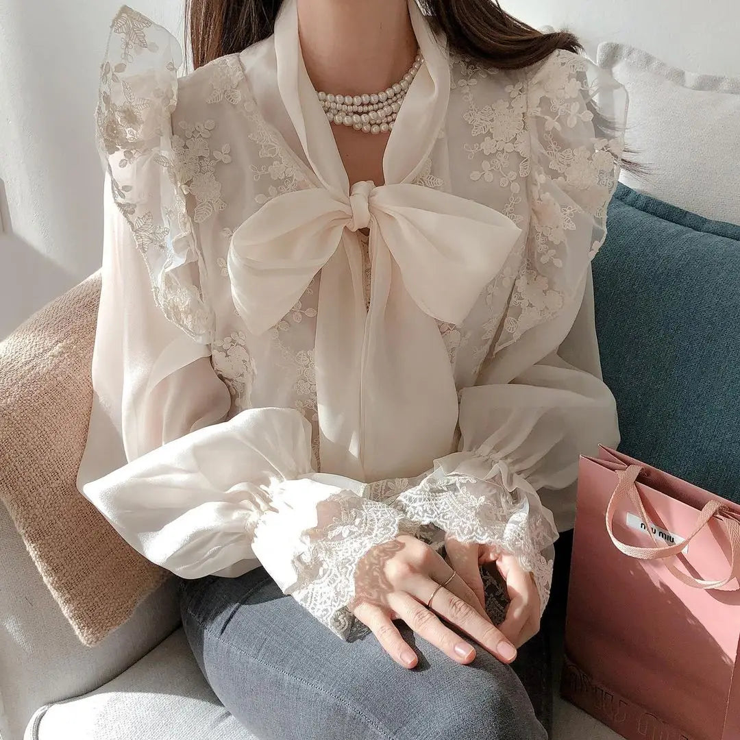 Bow Tie Lace Embroidery Flower Loose Trumpet Sleeve  Blouse