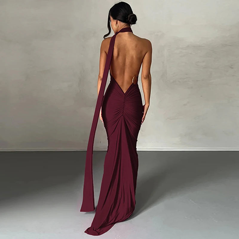 One Shoulder Backless Adjustable Scarf Loop Ruched Maxi Dress