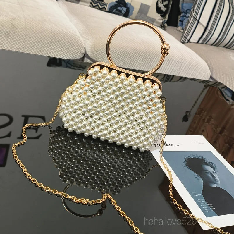 Pearl Breaded Top-Handle Hand-woven Handbag