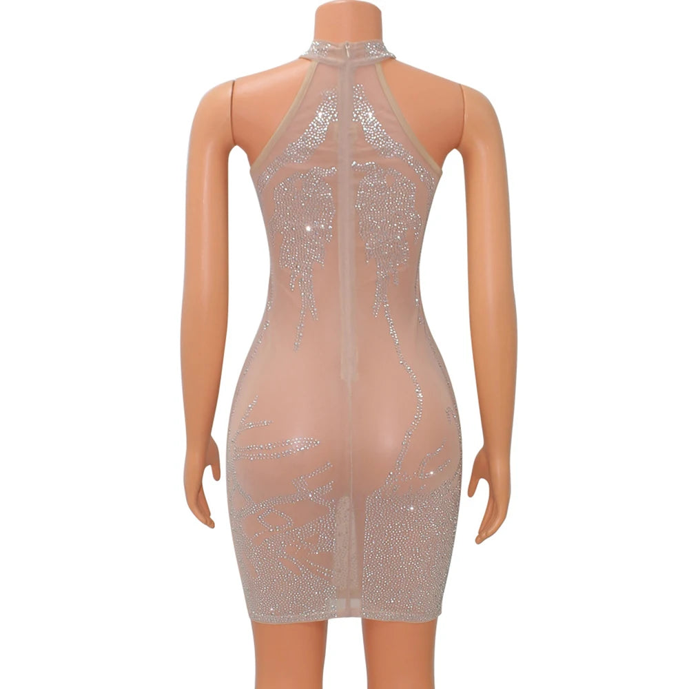 Halter-neck Mesh Rhinestone Sleeveless Mini Dress