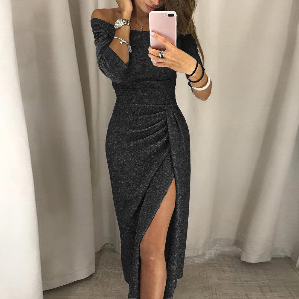 Off-the-shoulder Long Sleeve Side Split Pencil Dress