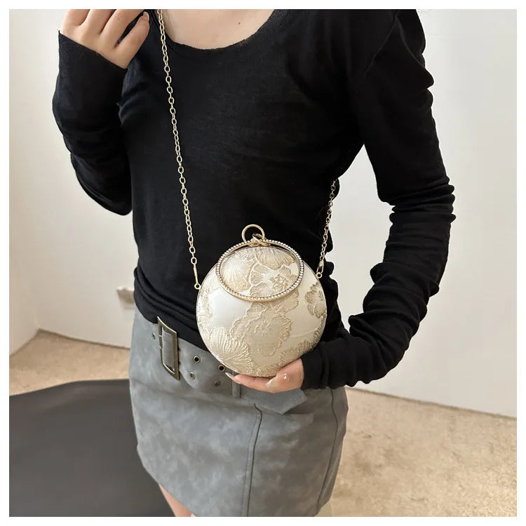 Embroidered Spherical Hand-held Shoulder Crossbody Chain Bag