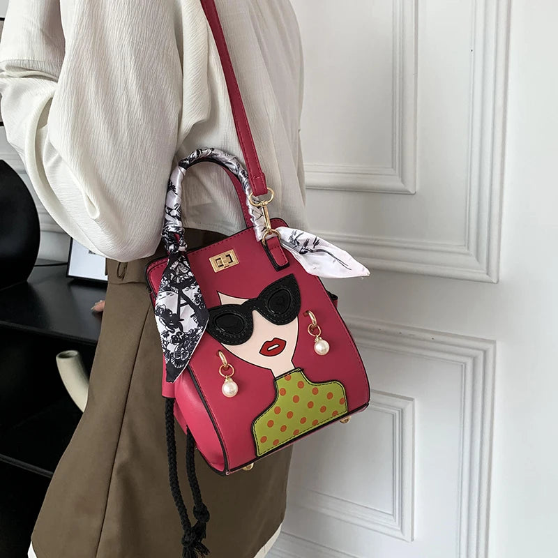 Woman's Face Novelty Print PU Leather Shoulder Crossbody Handbag