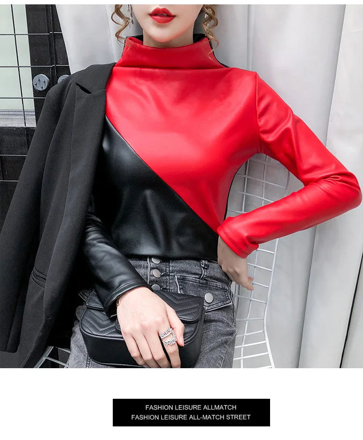 PU Leather Turtleneck Long Sleeve Blouse