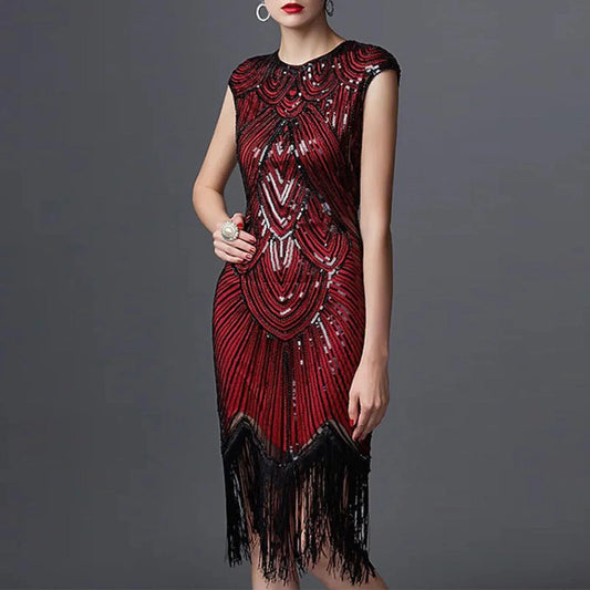 Sequin Round Neck Sleeveless Tassel Dress