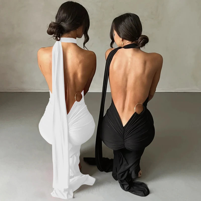 One Shoulder Backless Adjustable Scarf Loop Ruched Maxi Dress