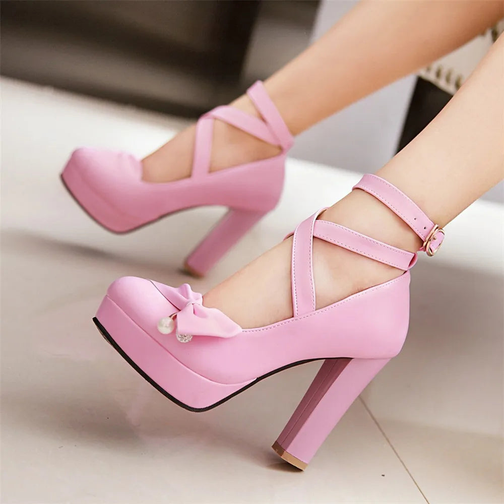 Cross-tied Ankle Strap Bow Platform High Heels Shoes