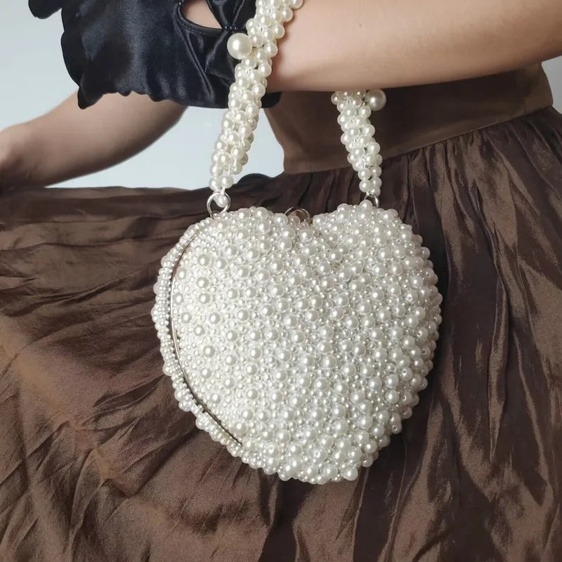 Hand Beaded Pearl Heart-shape Handbag