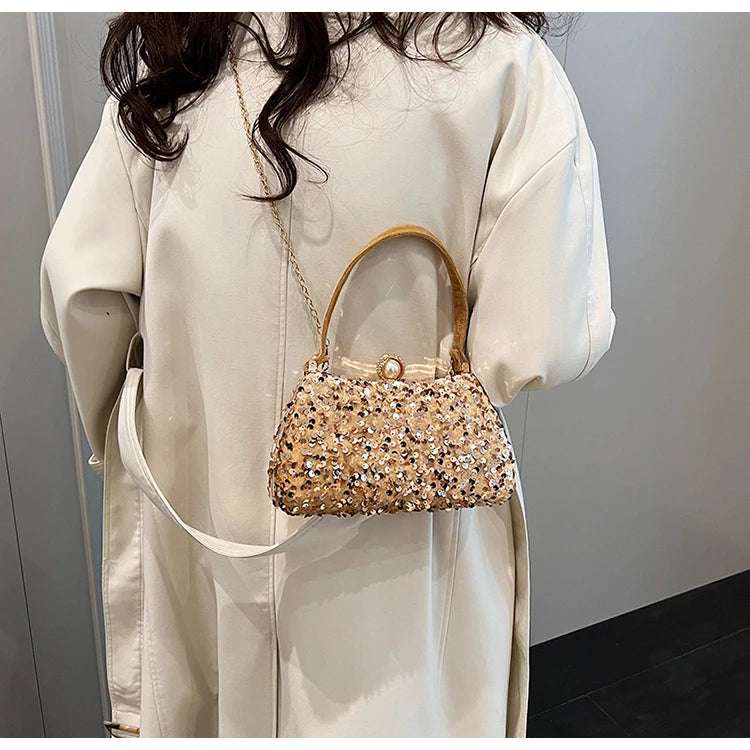 Sequin Pearl Long Chain Handbag