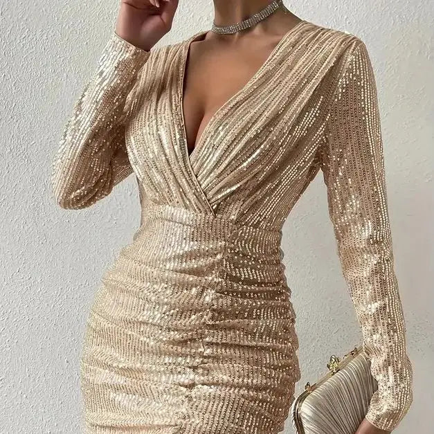 Sequin Pleated V-neck Long Sleeve Dress