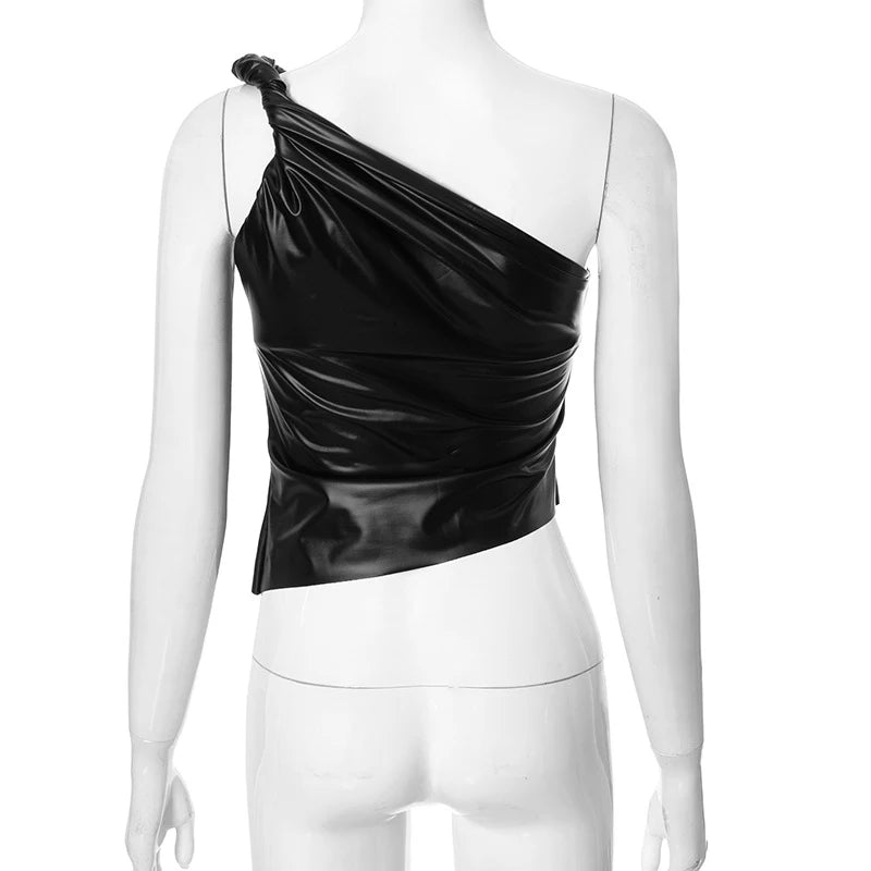 Pu Leather One Shoulder Top