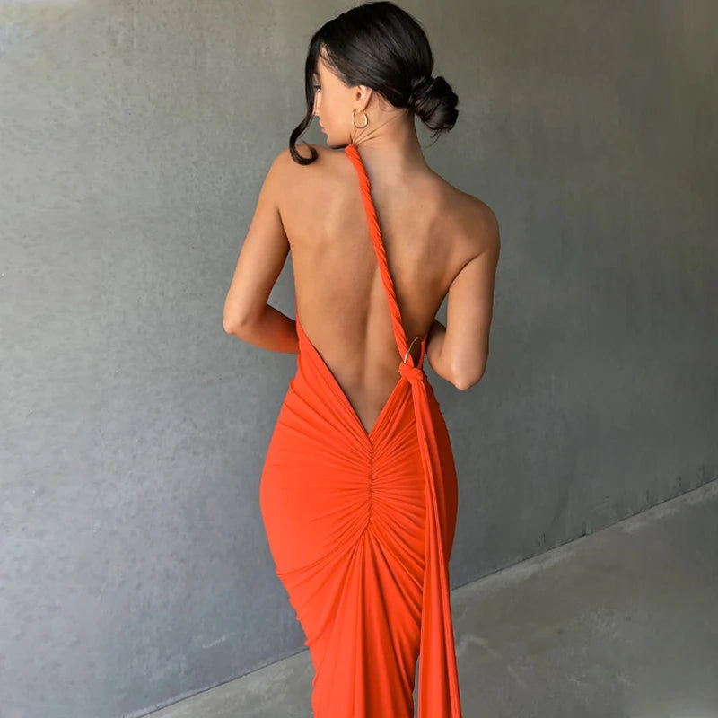 One Shoulder Backless Adjustable Scarf Loop Ruched Maxi Dress