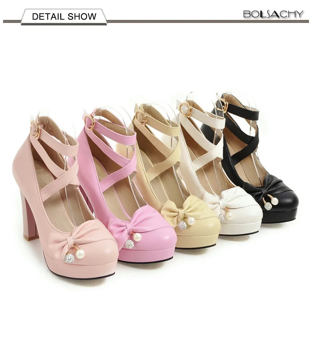 Cross-tied Ankle Strap Bow Platform High Heels Shoes