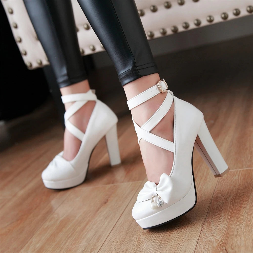 Cross-tied Ankle Strap Bow Platform High Heels Shoes