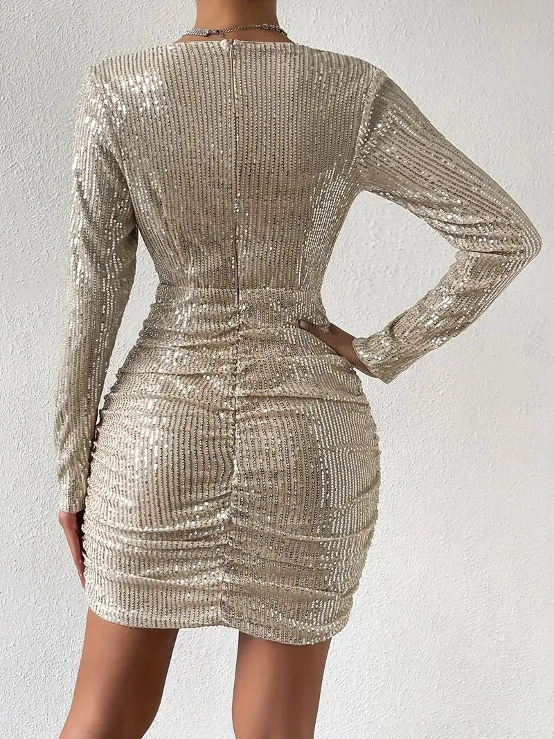 Sequin Pleated V-neck Long Sleeve Dress