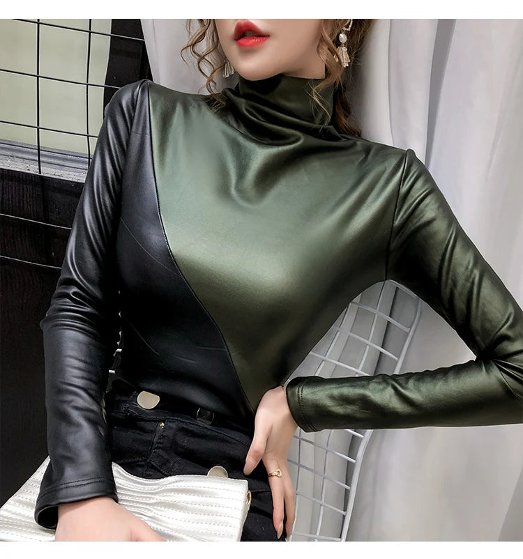 PU Leather Turtleneck Long Sleeve Blouse