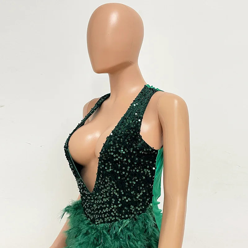 Deep V Sequin Feather Backless Mini Dress