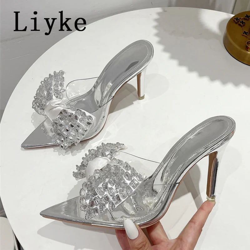 Crystal Bowknot Transparent Pointed Toe High Heels Shoes