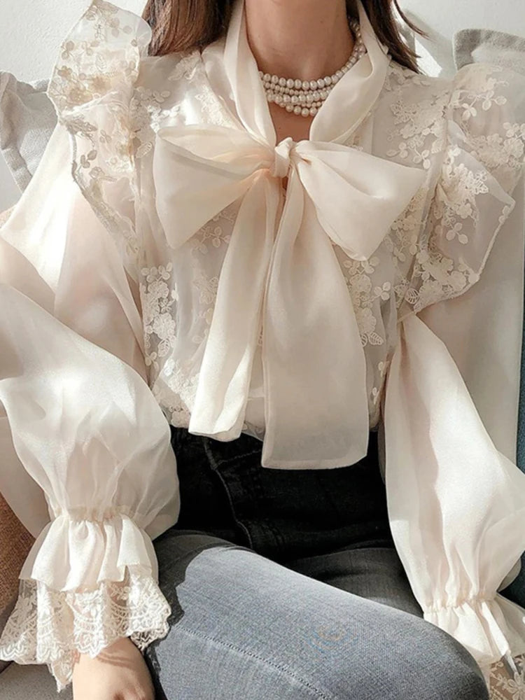 Bow Tie Lace Embroidery Flower Loose Trumpet Sleeve  Blouse