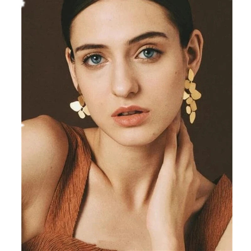 Geometric Flowers Gold Color Plated Long Drop Earrings