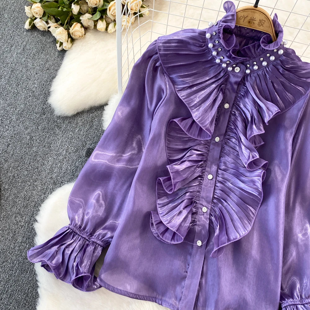 3D Flower Stand Collar Flare Sleeve Flounced Edge Single Breasted Shirt