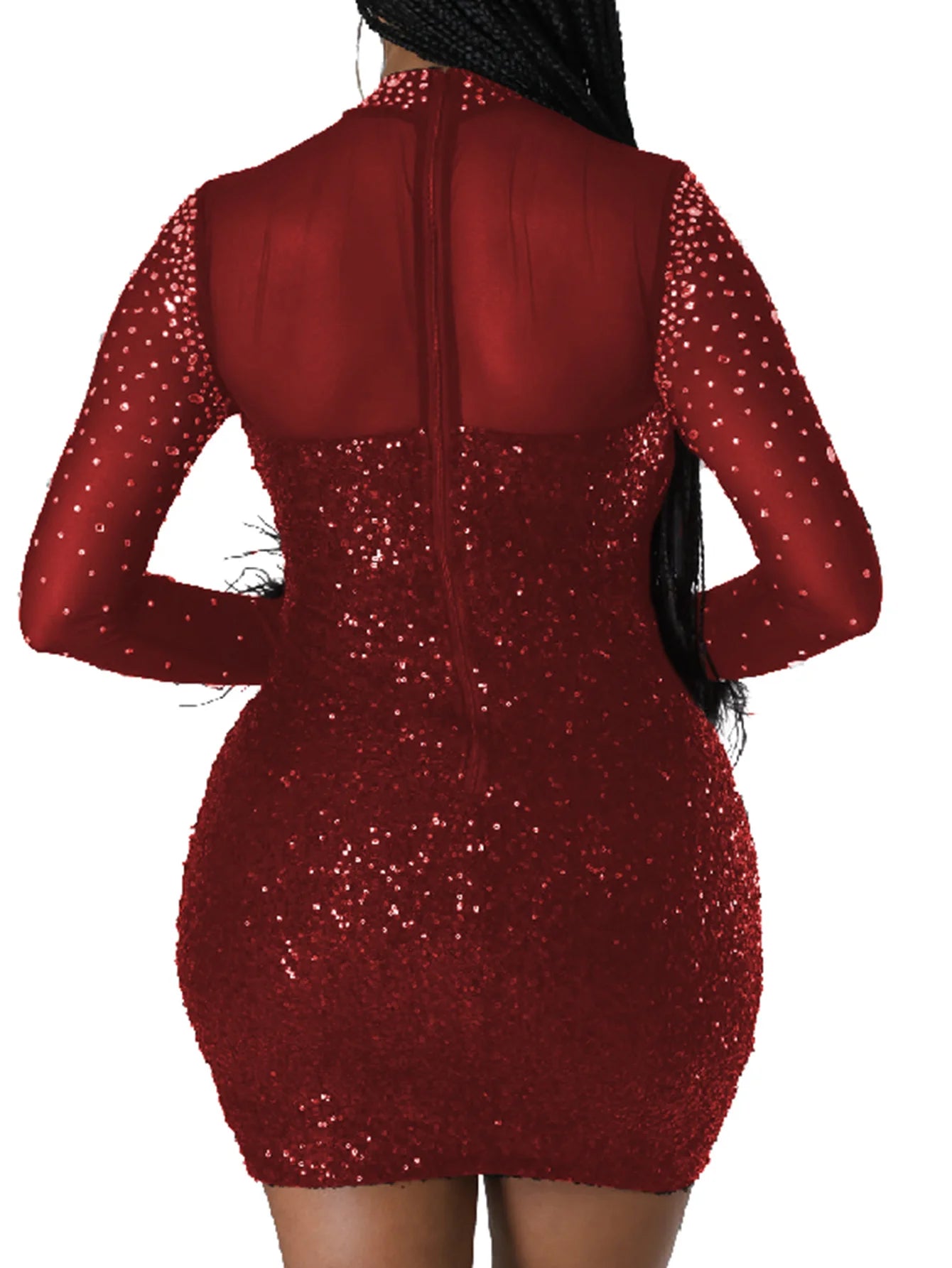 Mesh Rhinestone Long Sleeve Fur-trim Dress