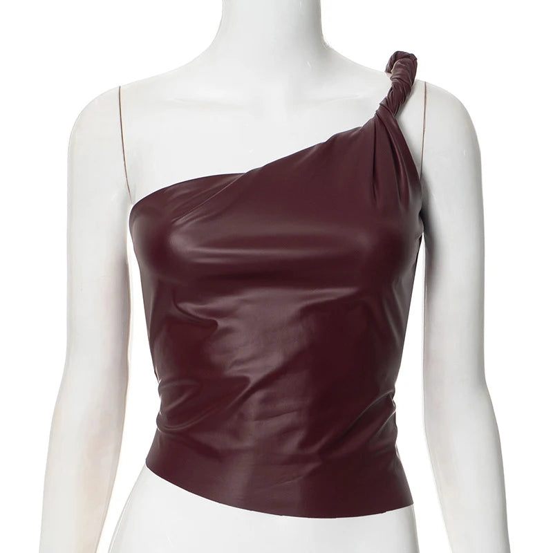 Pu Leather One Shoulder Top