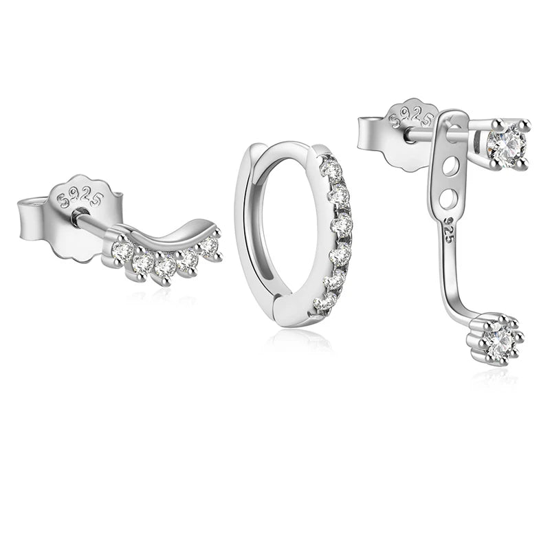 3 Pairs Sterling Silver Hoop Stud Huggie Earrings Set