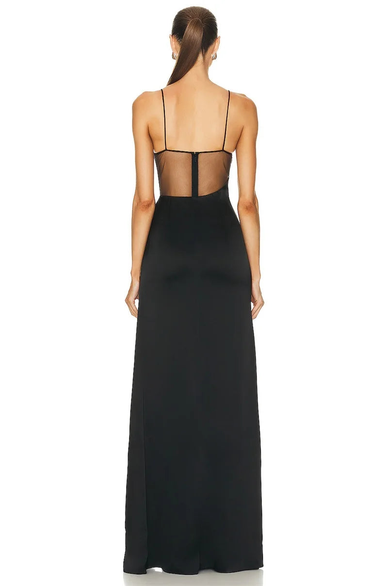 Mesh See Through Beads Side Split Maxi Dress