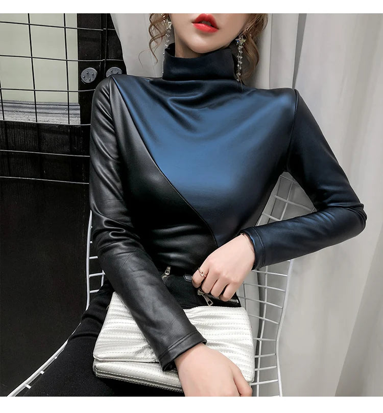 PU Leather Turtleneck Long Sleeve Blouse