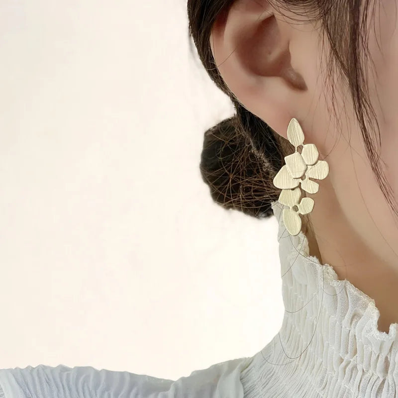 Geometric Flowers Gold Color Plated Long Drop Earrings