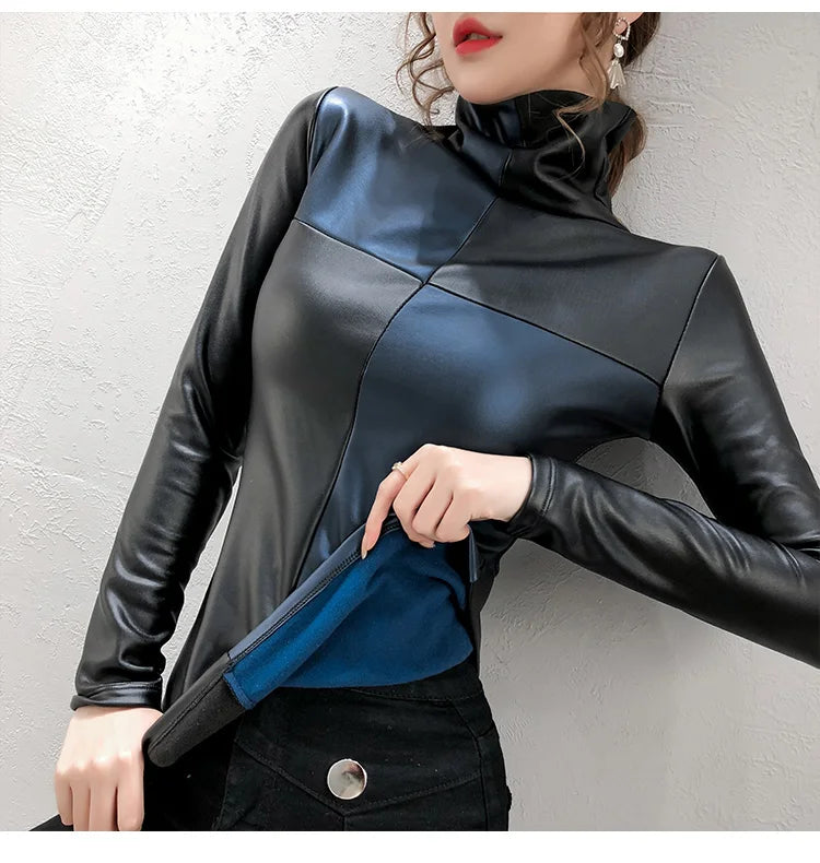 PU Leather Turtleneck Long Sleeve Blouse