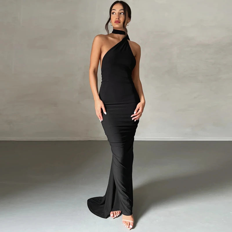 One Shoulder Backless Adjustable Scarf Loop Ruched Maxi Dress