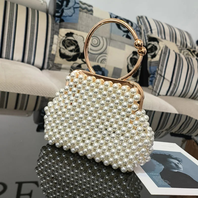 Pearl Breaded Top-Handle Hand-woven Handbag