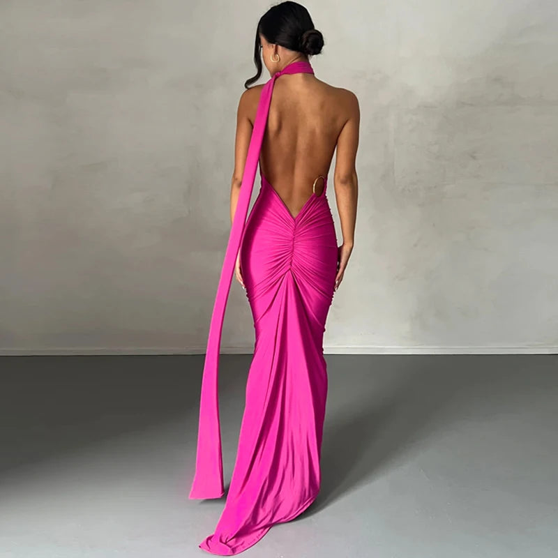 One Shoulder Backless Adjustable Scarf Loop Ruched Maxi Dress