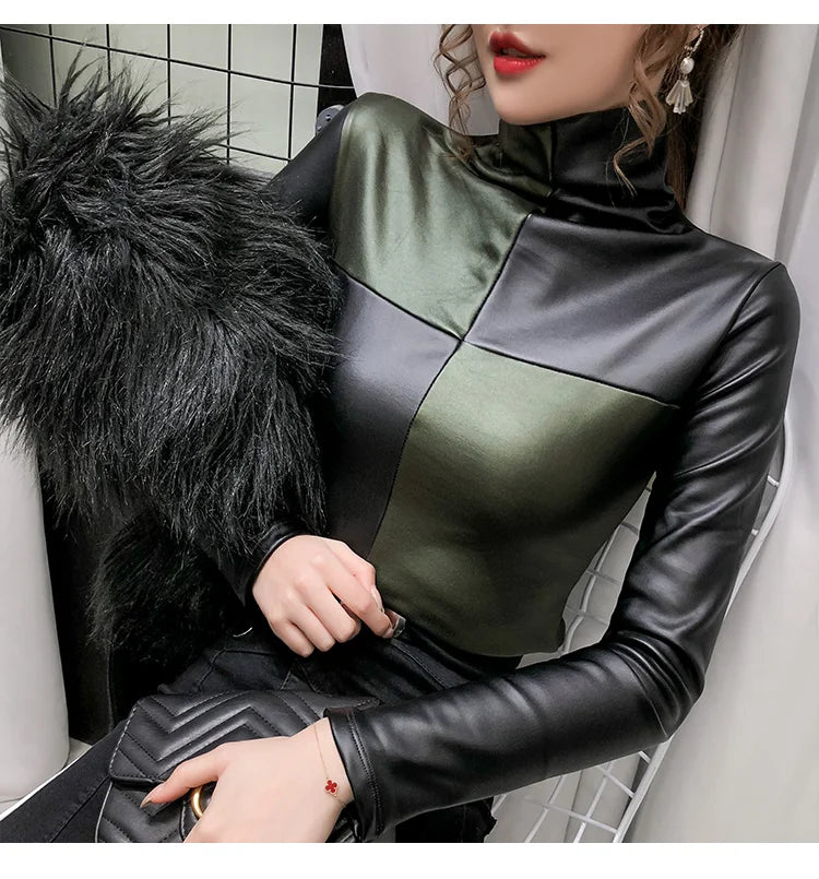 PU Leather Turtleneck Long Sleeve Blouse