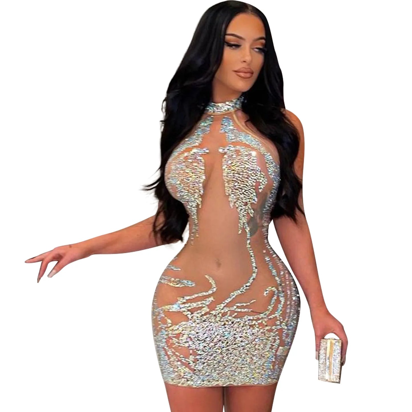 Halter-neck Mesh Rhinestone Sleeveless Mini Dress