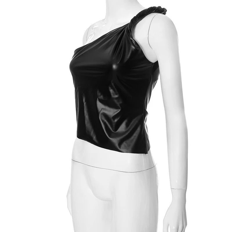 Pu Leather One Shoulder Top