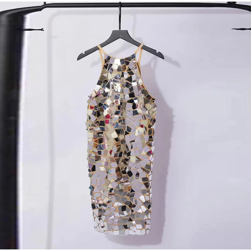 Mirror Sequins Metallic Embellished Sleeveless Dress