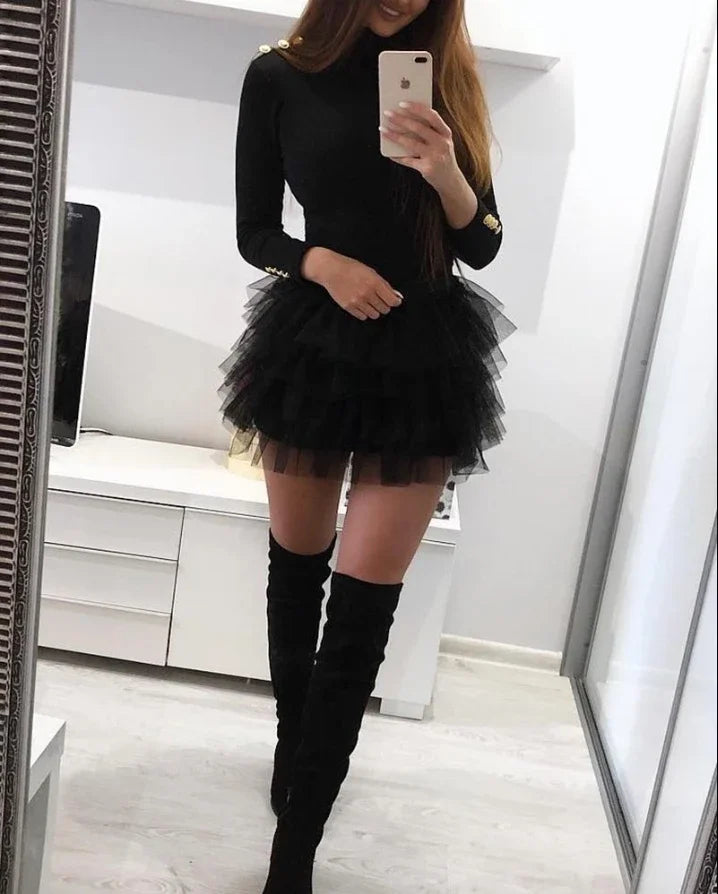 Mesh Ruffle Layered Long Sleeve Mini Dress