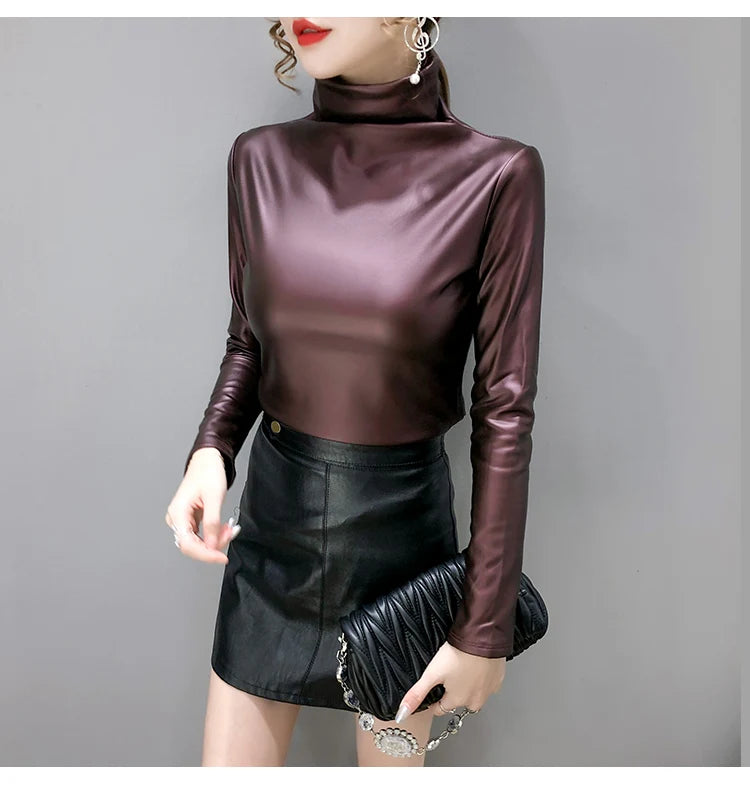 PU Leather Turtleneck Long Sleeve Blouse