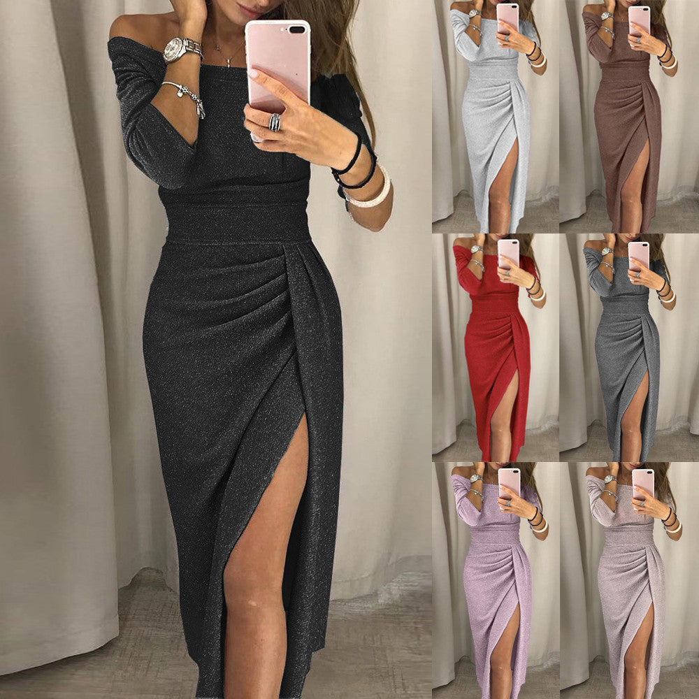 Off-the-shoulder Long Sleeve Side Split Pencil Dress