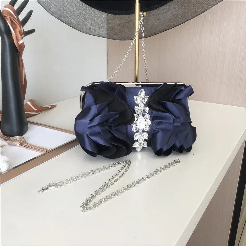 3D Rose Flower Diamante Long Chain Bag