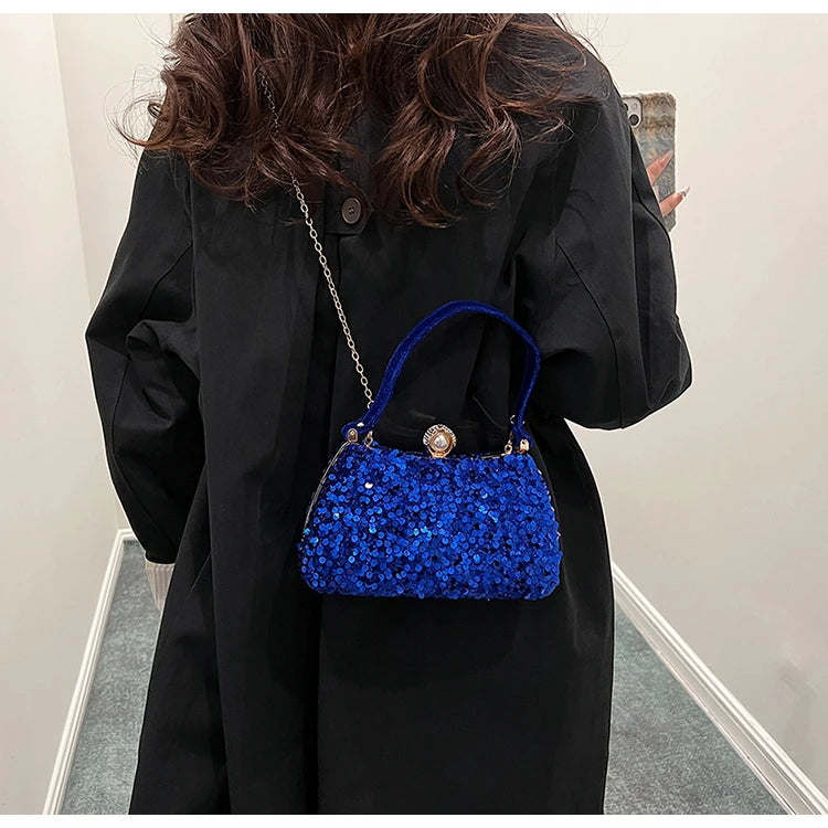 Sequin Pearl Long Chain Handbag