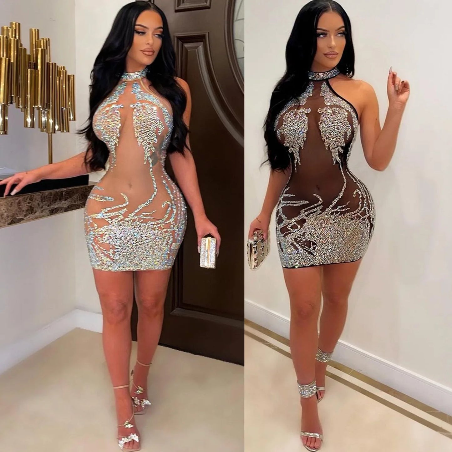 Halter-neck Mesh Rhinestone Sleeveless Mini Dress