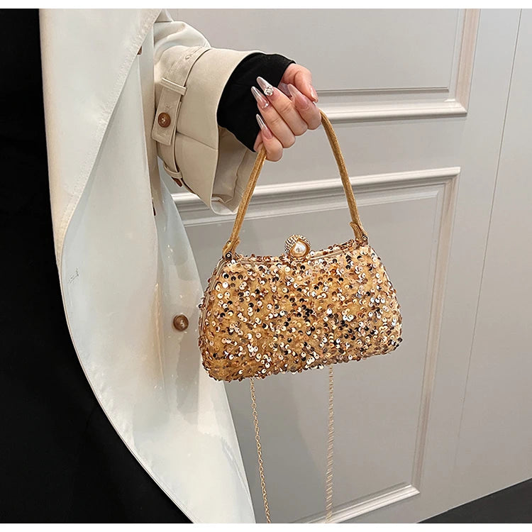 Sequin Pearl Long Chain Handbag